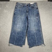 NWT American Eagle Wide Leg Crop Jeans Women 14 Blue Denim Baggy Raw Hem