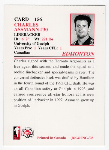 1998 Jogo CFL Charles Assman Rookie Card #156 Edmonton Eskimos Guelph - Picture 2 of 2
