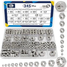 345 Pack SAE Hex Nut & Locknuts Assortment Kit,4#40 6#32 8#32 10#24 10#32 12#24