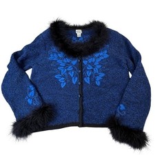 Berek Blue Floral Beaded Cardigan Faux Fur Trim Knit Sweater Womens Large