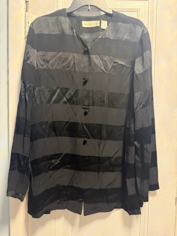 Vintage Dana Bachman Black Silky Striped Button Down Top Beach Cover Up 12