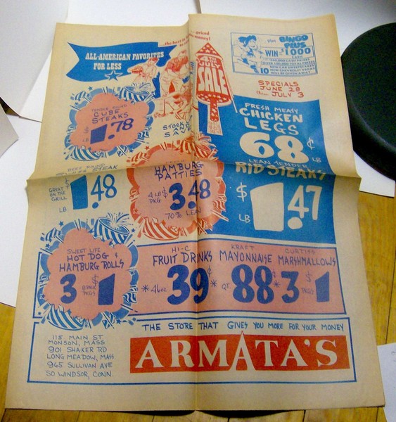 Vintage 1976 ARMATA Mercado Tienda de comestibles FLIER Longmeadow MA Bicentenario ANTIGUO