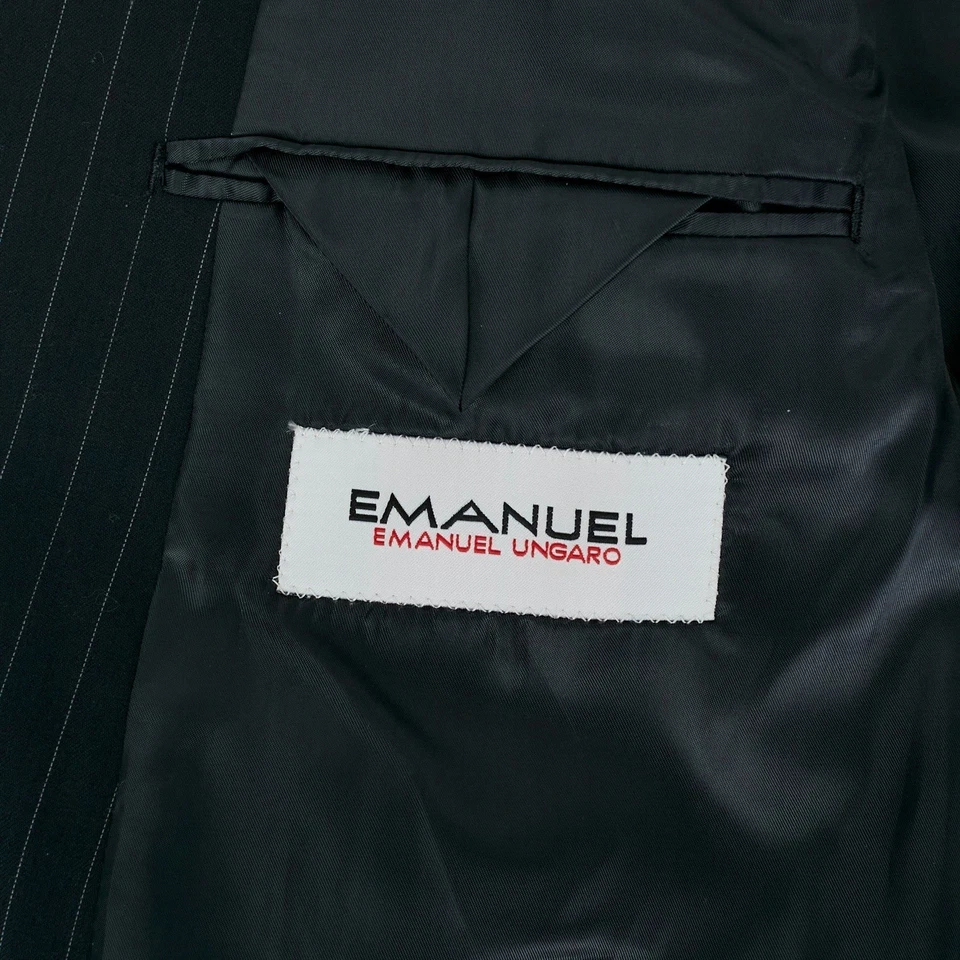 Emanuel Ungaro Emanuel 男式黑色细条纹羊毛套装 44R 夹克裤子 36W 2 件 — 第 4/4 张图片