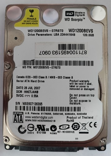 WD Scorpio WD1200BEVS-00RST0 HDD SATA 120GB 2.5 Festplatte 5400rpm 8MB* F724