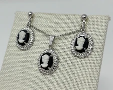 Vintage Style Amco Black Cameo Necklace Earrings Set Victorian Revival Goth