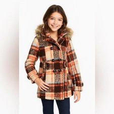LKNW Urban Republic Plaid Hooded Wool Blend Coat with Faux Fur Trim