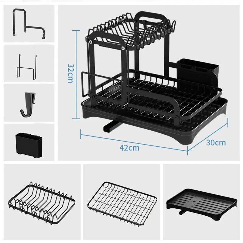 2-Tier Dish Drying Rack with Drainboard Bowl Plate Cutlery Drainer Kitchen Organ