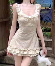 Ezgaga Dress Women Sweet Floral Sleeveless Lace Patchwork Bow Square Collar Slim