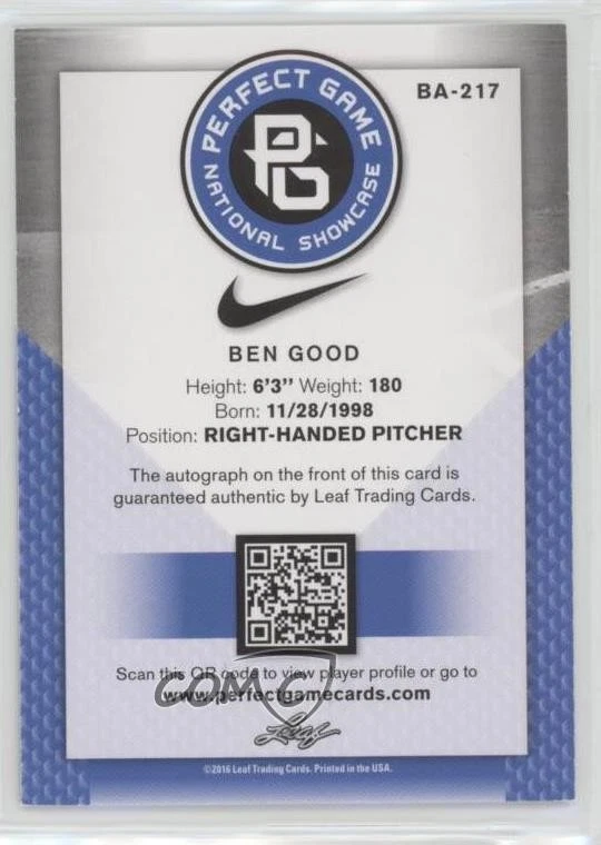2016 Leaf Perfect Game National Showcase Black /50 Ben Good #BA-217 Auto - Image 2 of 2