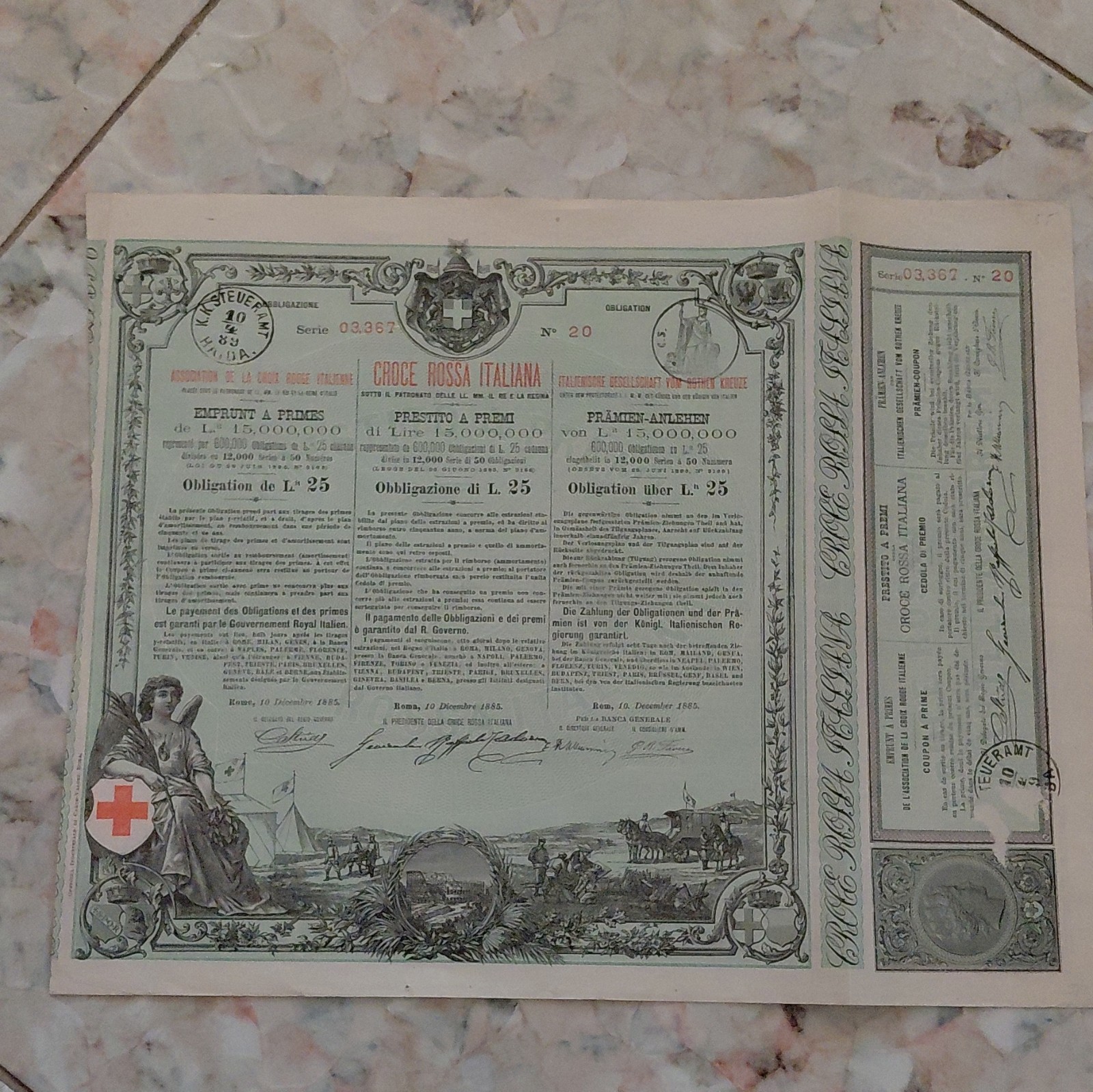 Croce Rossa Italiana Obbligazione Lire 25 Prestito a Premi Certificato Cedole