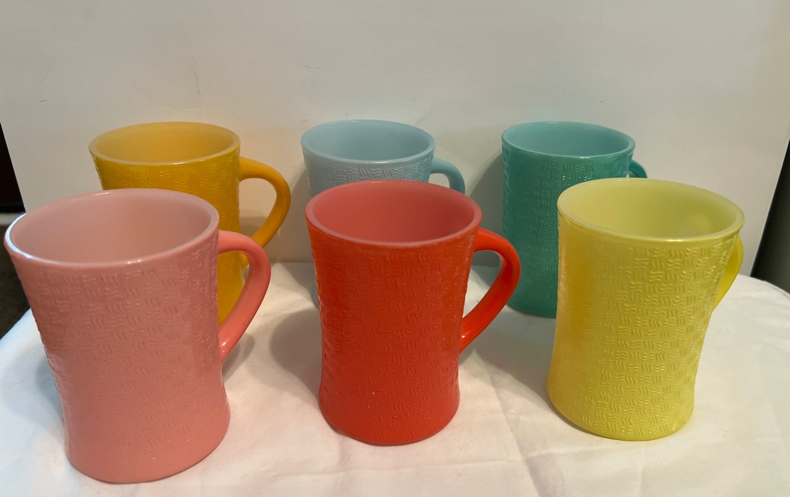 Lot Of 7 Vintage Glasbake J-2277 Milk  Glass Mugs. Basketweave Pattern 1961-1983
