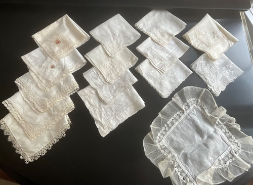 Vtg Ladies White Hankies Crocheted, Embroidered, Lace, Silk Lot of 15
