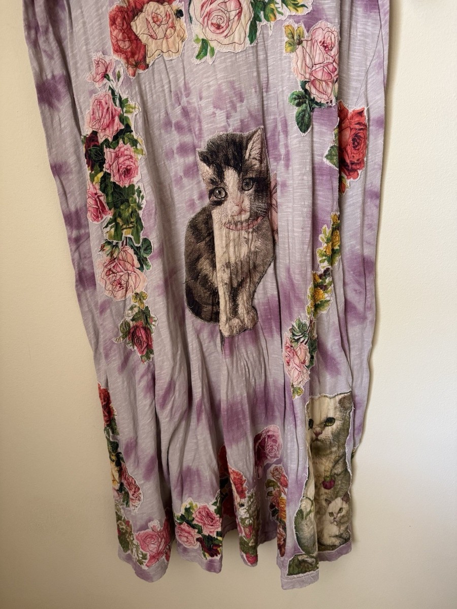 Magnolia Pearl New Cat Kitty Jersey Tie Dye Applique Tee Shirt Dress Juniper