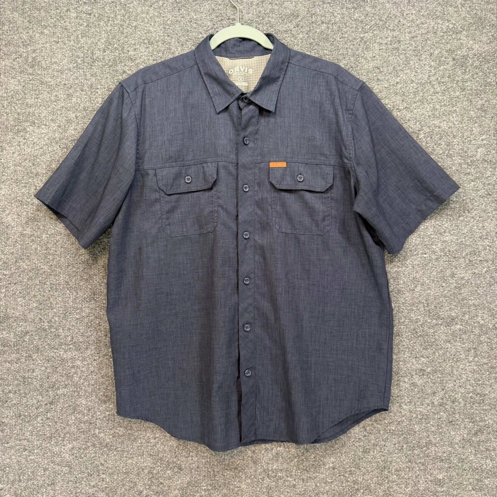 Orvis Button Up Shirt Mens Large Blue Short Sleeve Tech Hiking Outdoor Trek