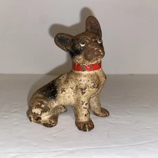 Vintage Cast Iron Bulldog Dog Figurine USA Red Collar 3.25”