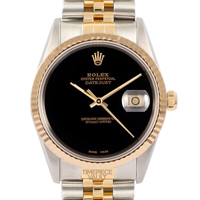 ROLEX DATEJUST 16233 GOLD & STEEL 36MM WATCH BLACK ONYX 18K FLUTED BEZEL B+P