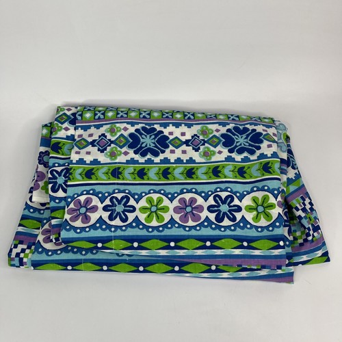 Vtg Fieldcrest Ideal Folksong Twin Flat Sheet Blue Boho Stripe Flower Power - Picture 2 of 5