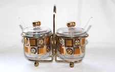 Vtg MCM Jeanette Glass Condiment Lid Jars Turquoise Gilt Atomic Caddy Spoons