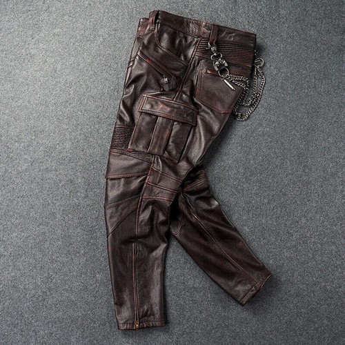 Men's Black Leather Pant 100% Real Lambskin Slim fit Cargo Moto Biker Pants W32 - Picture 2 of 3