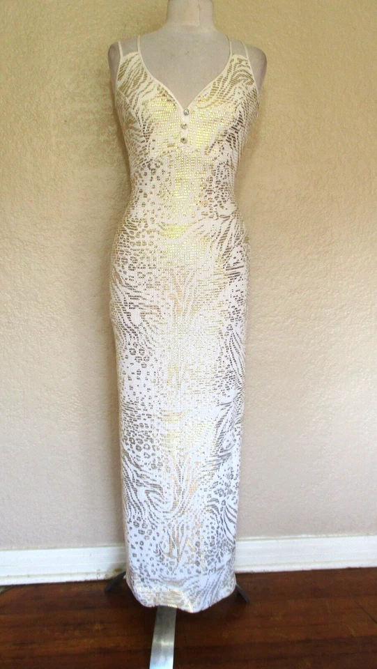 Vestido de noche vintage años 80 Janine malla cota de malla XS para mujer dorado blanco Foto 2 de 4