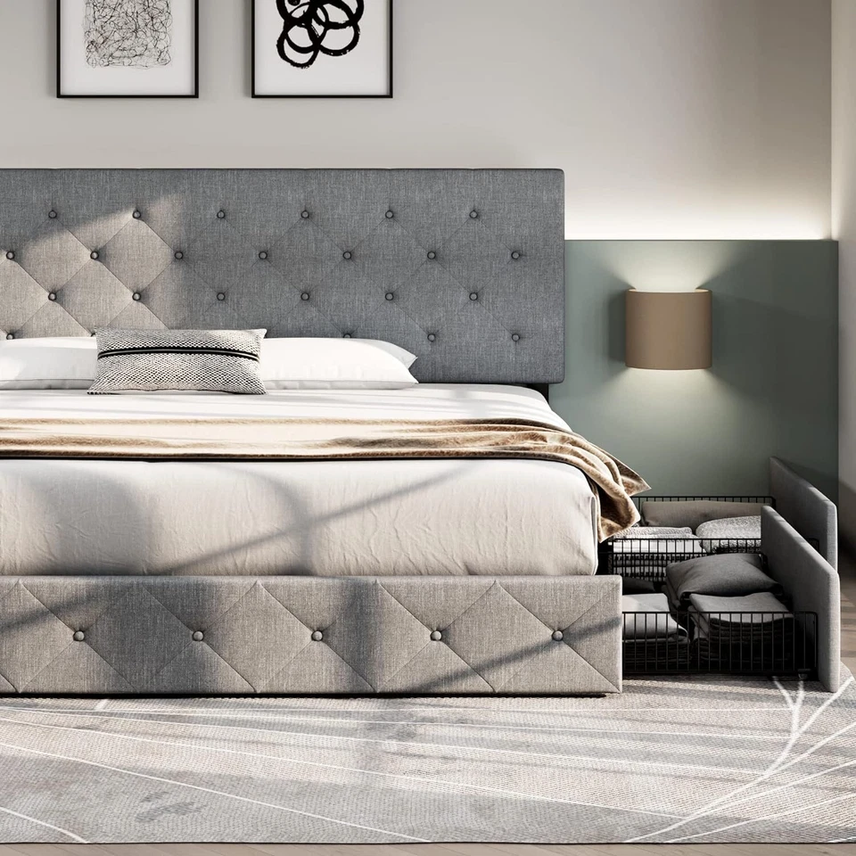 Sifurni Upholstered Bed Frame with 4 Storage Drawers and Headboard, Light Grey - Image 2 of 4