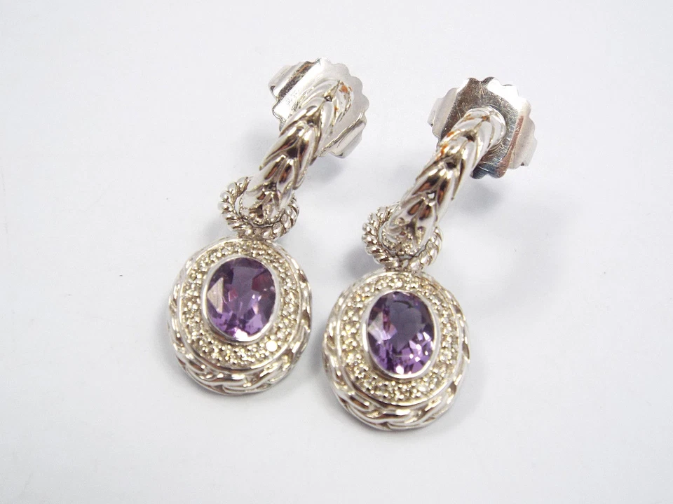 Pendientes colgantes John Hardy Batu Mata de plata de ley con halo de diamantes y amatista Foto 3 de 4