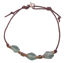Anklet, Aqua Recycled Glass Beads, 9.25 Inches, Knotted Waxed Cotton Cord