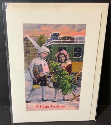 Found Image Press Christmas Card UNUSED Blank Reproduction Pic 2 Children Tree