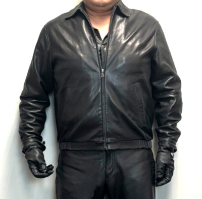 Jos. A. Bank Signature Collection Black Leather Bomber Jacket Size