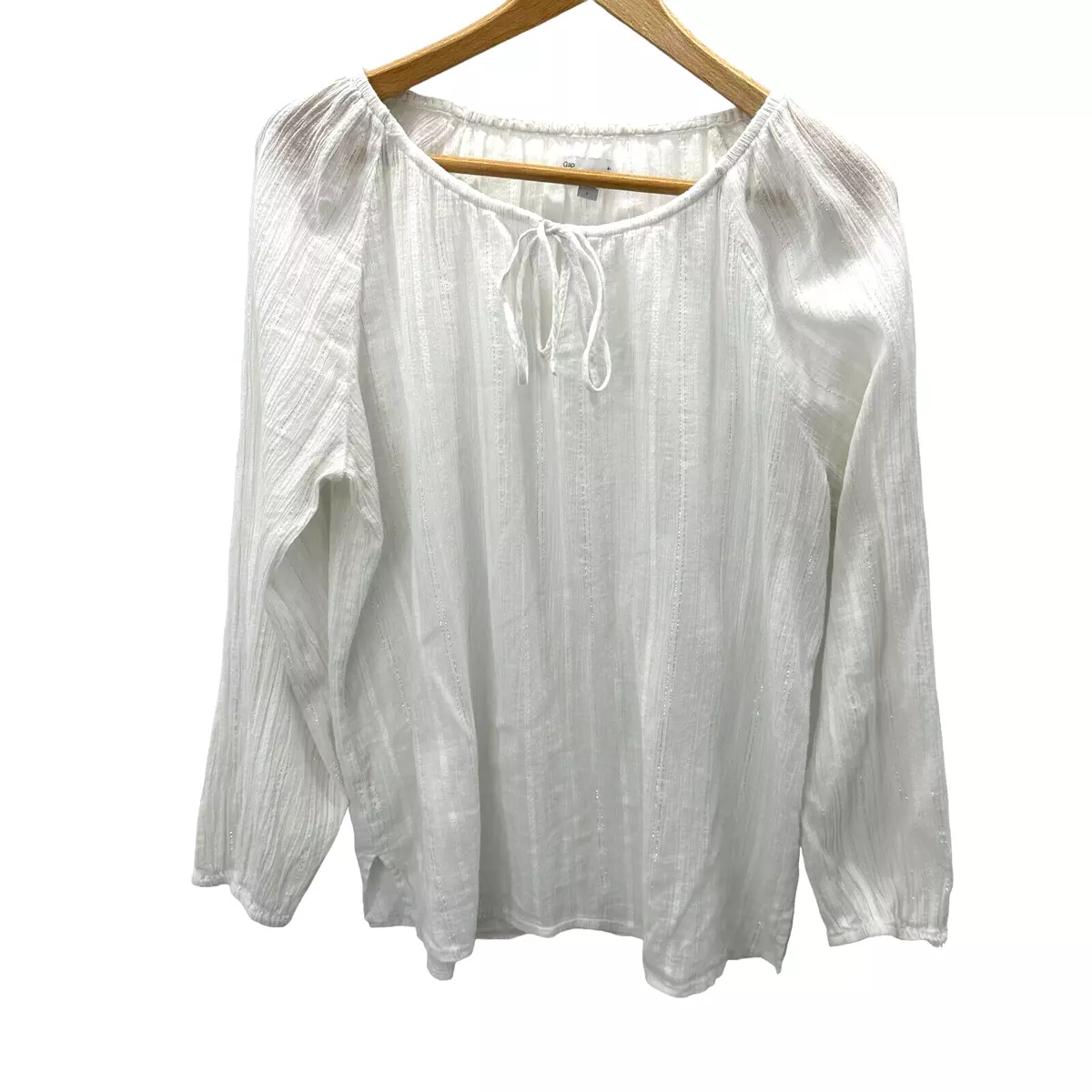 Gap Womens Long Sleeve Cotton Blouse Top Size Large Tie Neck Silver Streaks