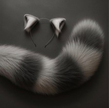 Handmade Raccoon Ears Tail Set Fluffy Plush Cosplay Accessories for cos/party