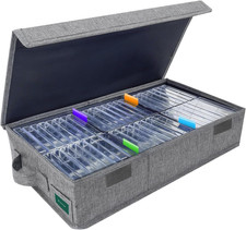 Cassette Tape Storage Box, 48-Cassette Holder with Lids, Index Labels, Gray