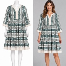 Figueroa & Flower Dress Womens Large Green White Boho Tiered 3/4 Sleeve LIL50A94