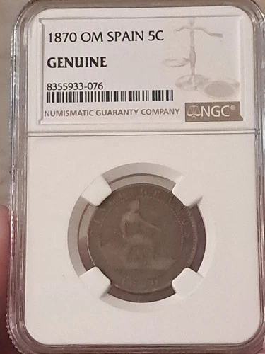 1870 OM Spain 5 Centimos NGC Genuine - C3488