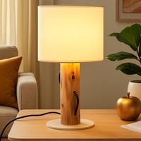 Tischlampe Tischleuchte Holzleuchte Wohnzimmerlampe Leseleuchte Stoff Led H 32Cm