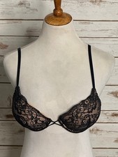 Adore Me black floral lace balconette push-up bra 32D coquette dark feminine