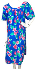 Vintage Meet Me in Maui Hawaiian Floral Dress XL Muumuu Blue Short Sleeve USA