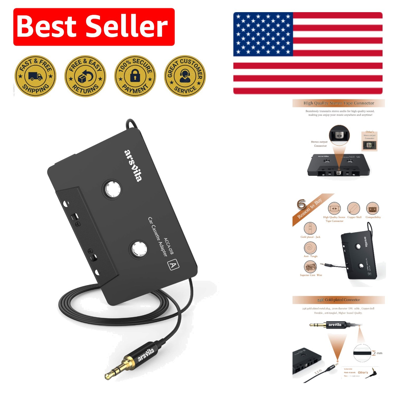 Gold-Plated 3.5mm Cassette to Aux Adapter for Superior Sound Experience