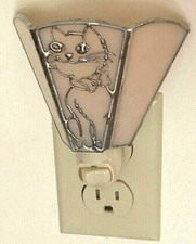 Stained Glass Night Light Pale Pink Cat Filigree Shade Socket Bulb Handmade