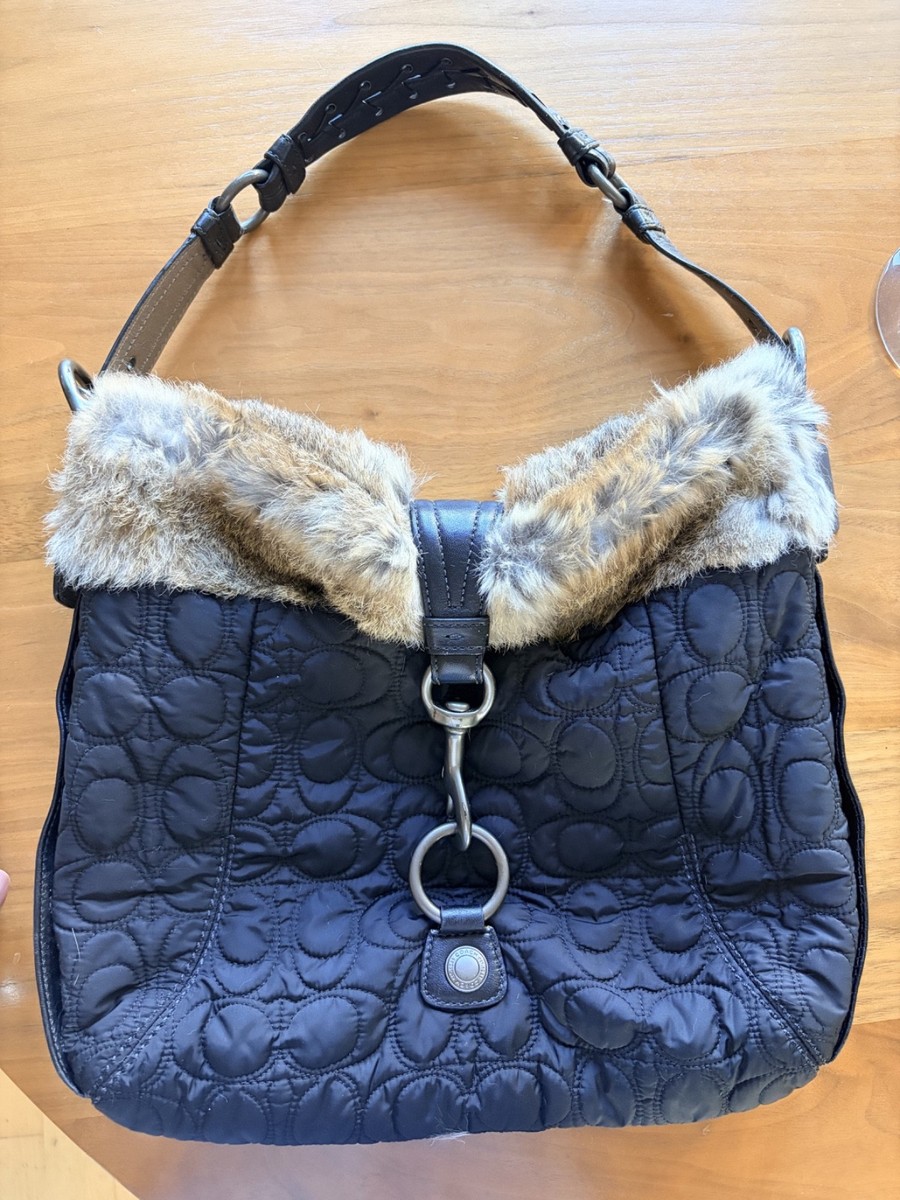 Vintage Coach Bag (2005) - Quilted with Rabbit Fur Trim, Gunmetal
