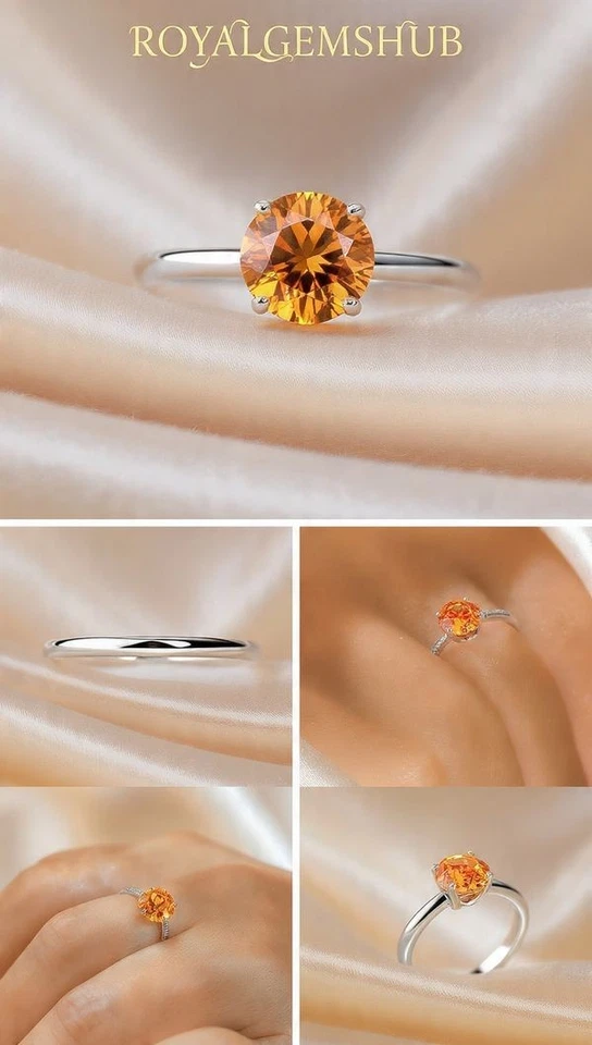 💍 Anillo de diamantes naturales de color naranja de corte redondo de 2 quilates en banda de plata de ley 925 Foto 2 de 4
