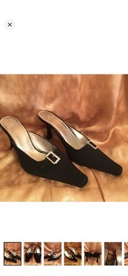 Anne Klein Black Satin Rhinestone Buckle Mule Heels Pointed Toe 7.5 M