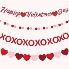 4 Pcs Valentine's Day Decorations Garland Banner with Happy Pink, Red, White