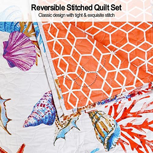 3 Pieces Quilt Set Size Ocean Theme Coastal Bedspread with 2 King Seashell - Picture 4 of 7