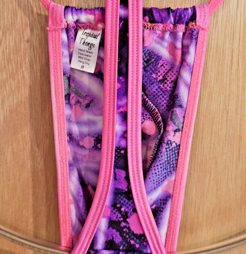 "Tropical Thongs" Medium Shades of Purple Abstract Adj. Pouch Thong Swimsuit - Picture 5 of 5