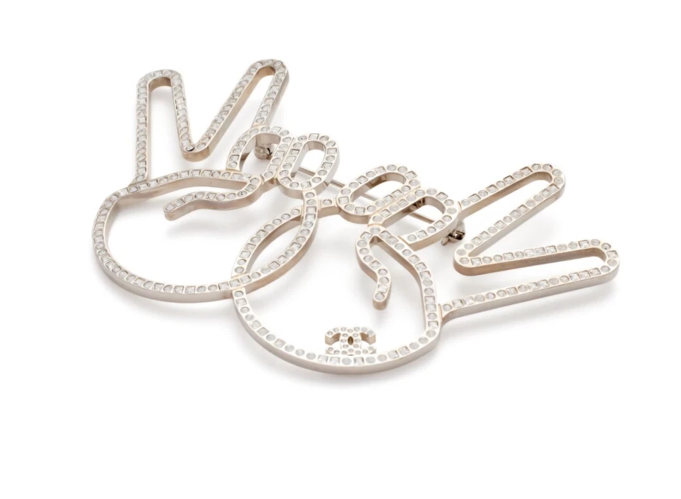 Chanel Extra Large Peace Sign Hands Crystal Brooch Pin