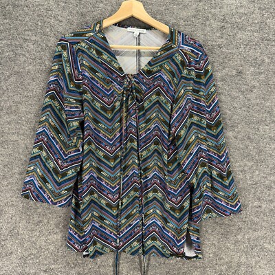 Notations Blouse Women XL Blue Striped V-Neck Long Sleeve Tasseled Casual