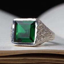 Green Emerald Ring, 925 Sterling Silver Men's Statement Ring, Hammered Band Ring