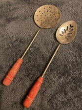 Vintage Pair Child  s Utensils Round Strainer  Spoon, Both with Red Wood Handles