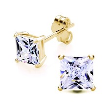 9ct Gold on Silver Simulated Diamond 5mm Princess Cut Solitaire Stud Earrings
